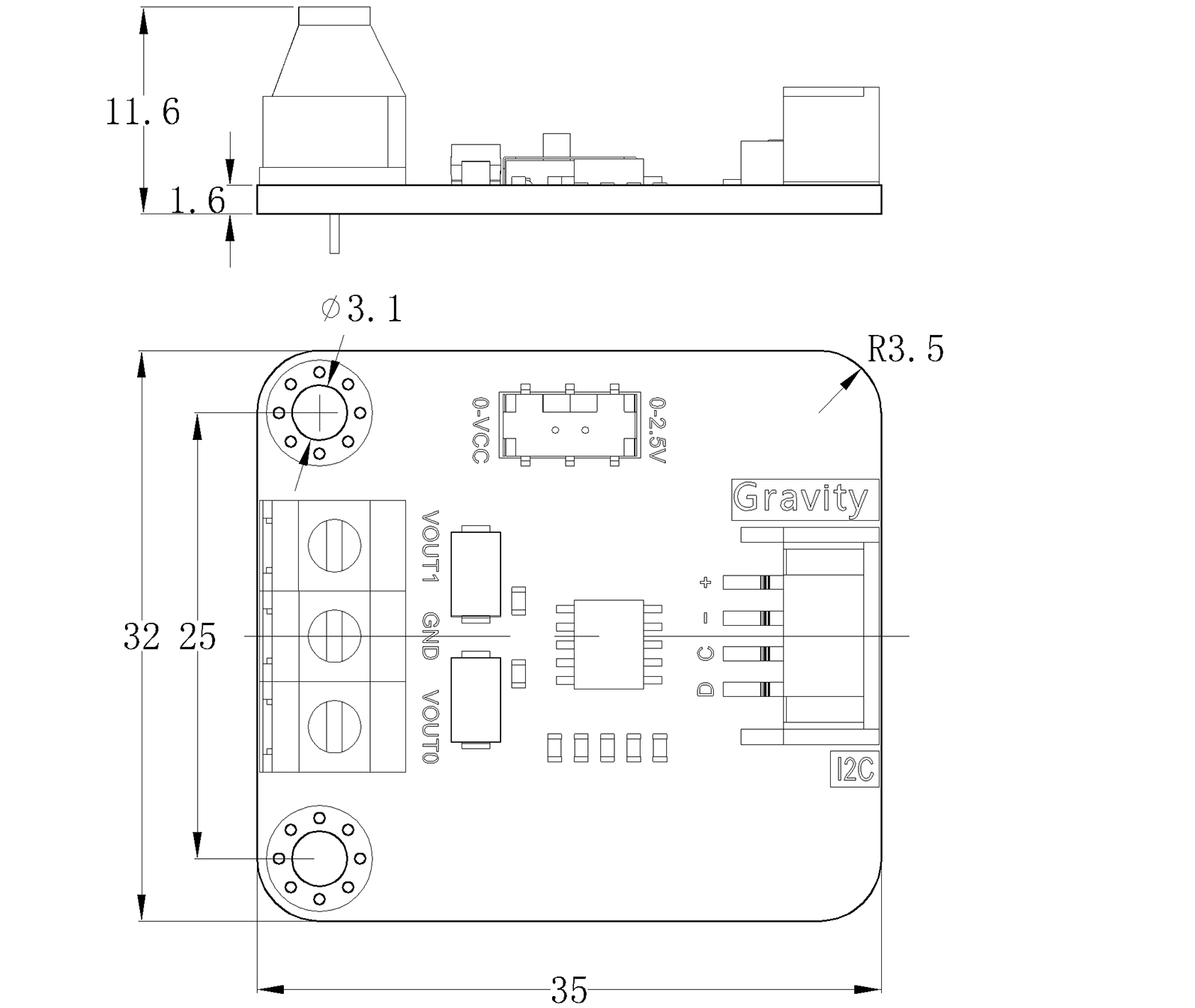 Gravity: Module DAC GP8503 2-Canal 12-bit I2C vers 0-2,5V/VCC