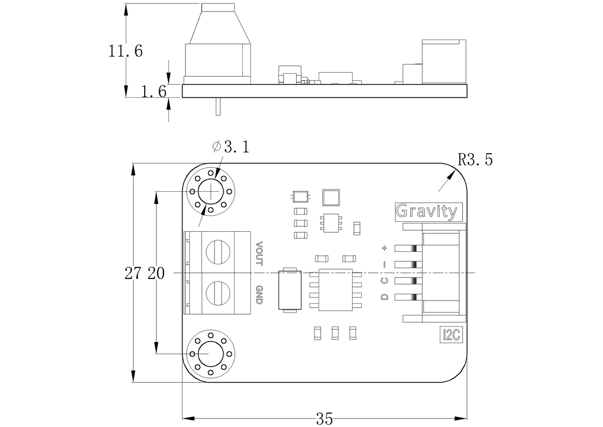 Gravity: GP8211 1-Kanaals 15-bit I2C naar 0-5V/10V DAC Module