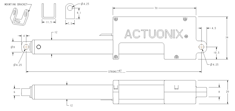 Actuador Lineal de 200mm, 64:1, 12V P16 Actuonix c/ Interruptores de Límite