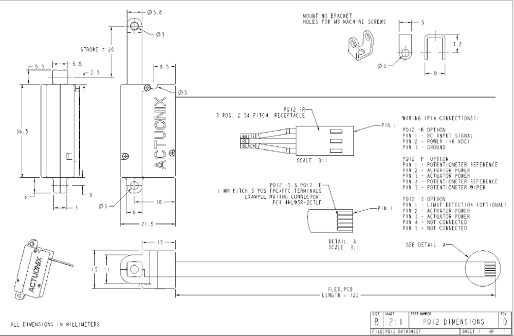 Actuador Lineal PQ12 de 20 mm, 30:1, 6 V c/ Interruptores de Límite Actuonix