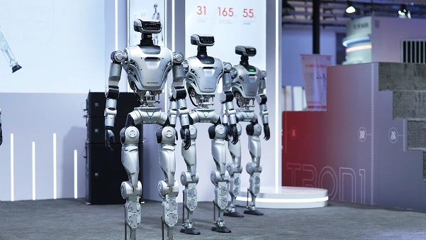 Limx Dynamics Oli humanoid robots on exhibition floor