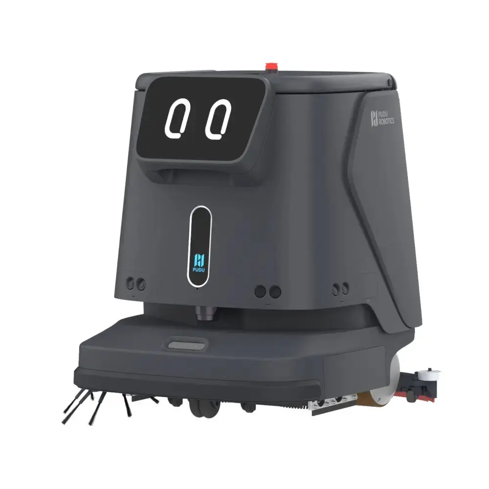 PUDU CC1 commercial cleaning robot in black, three-quarter view