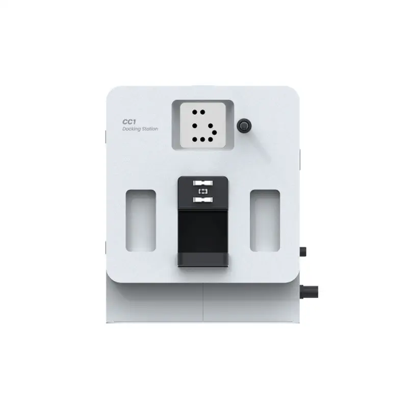 PUDU CC1 docking station in white, front view showing the charging contacts and water couplings