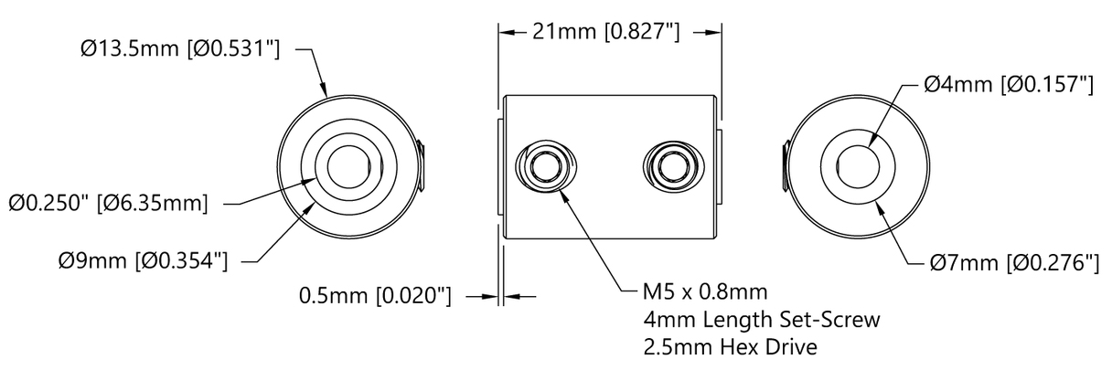 ServoCity Stel-Schroef As Koppelaar (4mm Ronde Boring naar 1/4 inch Ronde Boring)