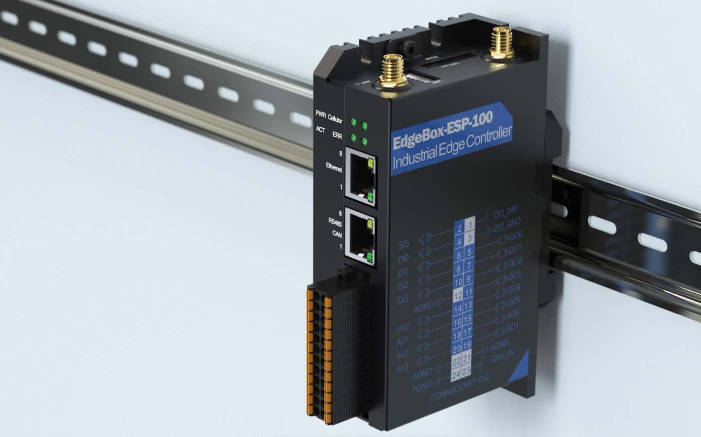 EdgeBox-ESP-100 Industriële Edge Controller, WiFi, BLE, 4G LTE, DIO, AIO, Ethernet, CAN, RS485