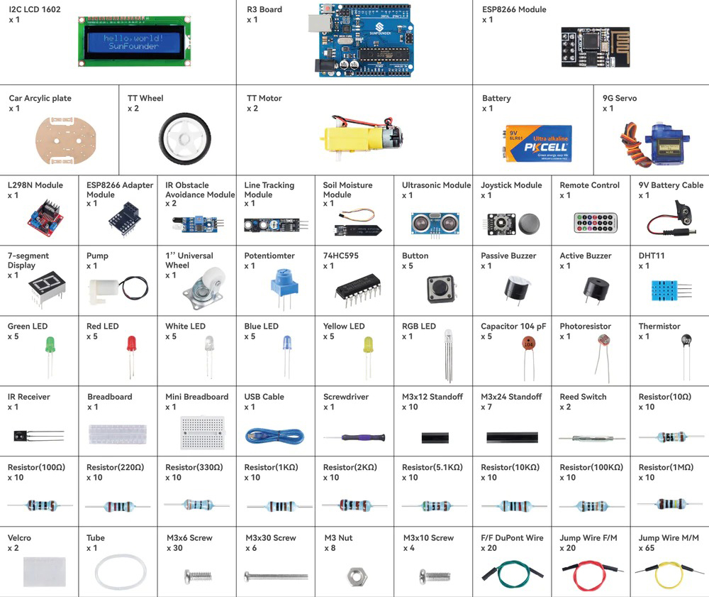 Kit de démarrage SunFounder 3-en-1 pour Arduino Uno (niveau intermédiaire)