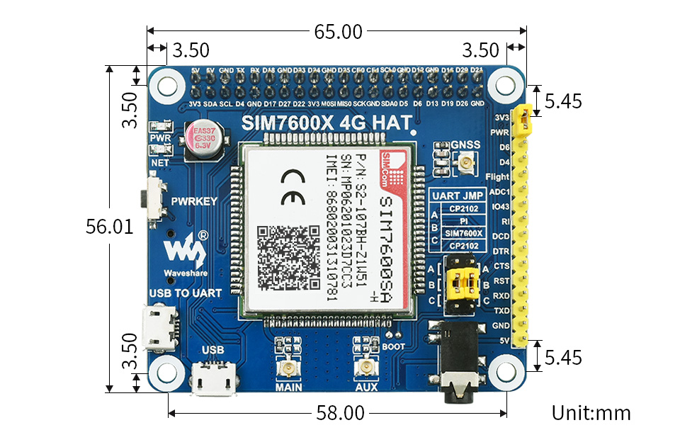 SIM7600SA-H 4G HAT for Raspberry Pi - Click to Enlarge