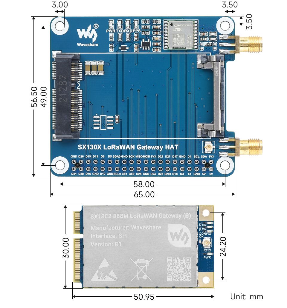 SX130x 868M LoRaWAN Gateway Module/HAT voor Raspberry Pi, Mini-PCIe, Long Range