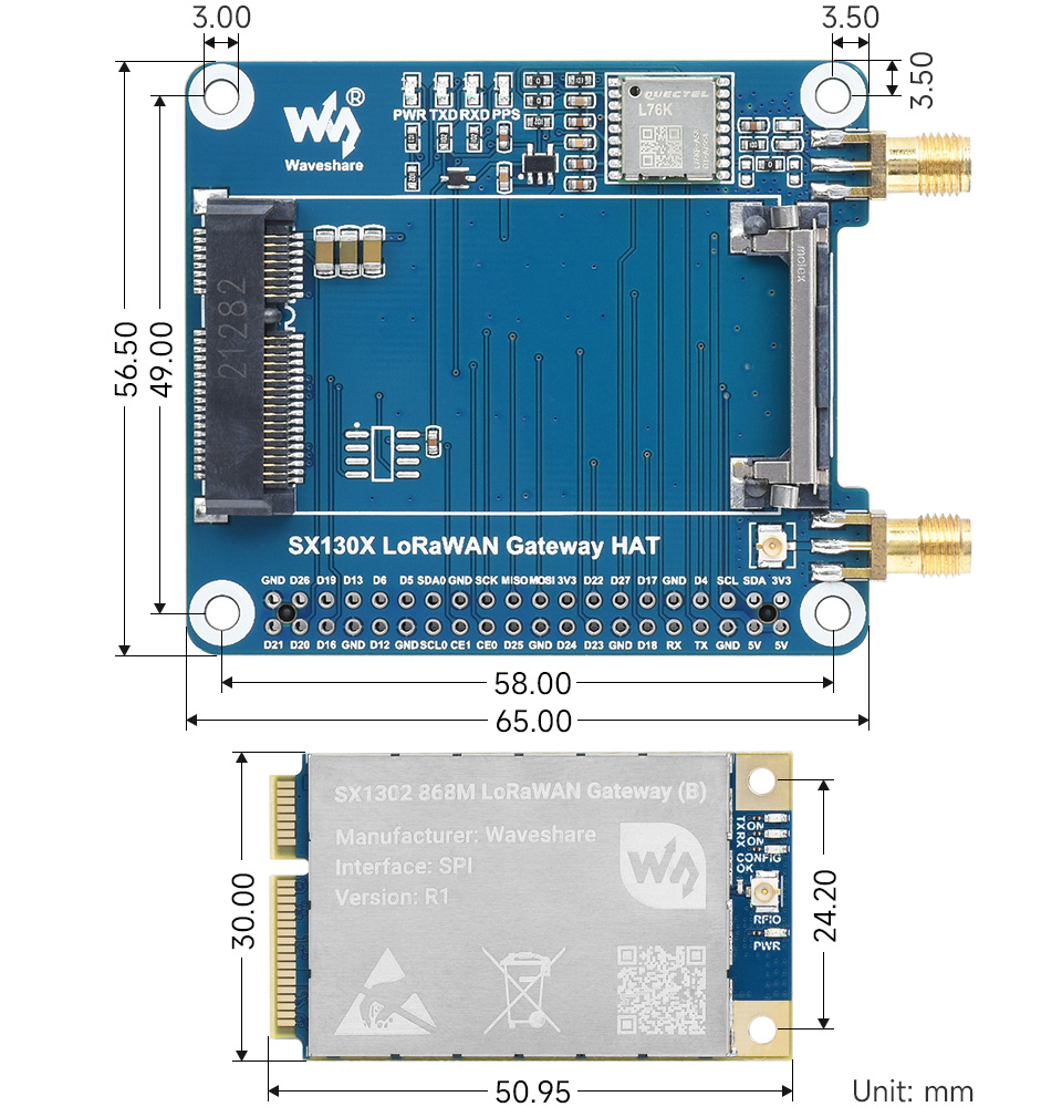 SX130x 915M LoRaWAN Gateway Module/HAT for Raspberry Pi, Mini-PCIe, Long Range