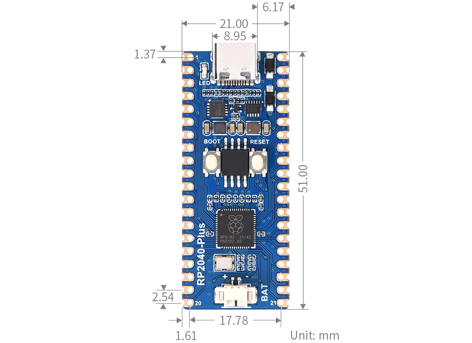 Microcontrolador Tipo Pico Basado en RP2040 de 16MB RP2040-Plus Waveshare s/ Conectores