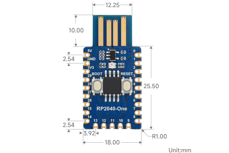 Microcontrolador RP2040-One Waveshare de 4 MB Basado en Raspberry Pi RP2040