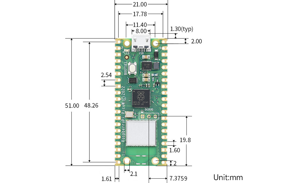Waveshare Raspberry Pi Pico W Microcontrollerkaart, WiFi (Basis Kit)