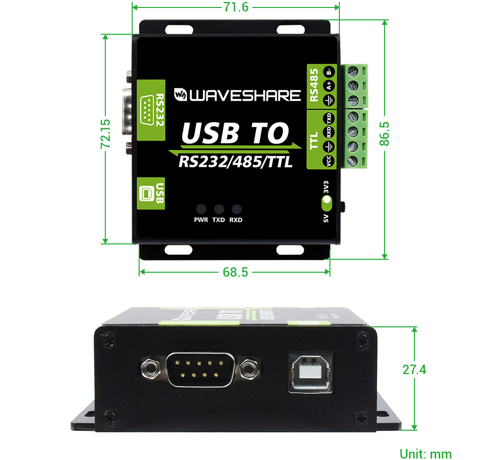 Convertidor de Interfaz USB a RS232/485/TTL CH343G c/ Aislamiento Industrial Waveshare