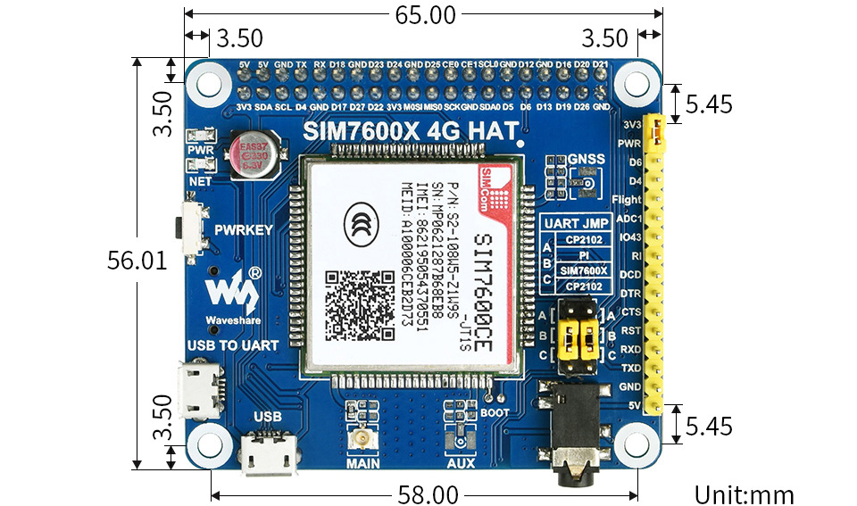 HAT 4G SIM7600CE-JT1S para Raspberry Pi, 4G/3G/2G, para China