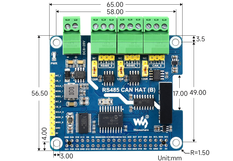 Waveshare Geïsoleerde RS485 CAN HAT B voor Raspberry Pi, 2Ch RS485 & 1Ch CAN