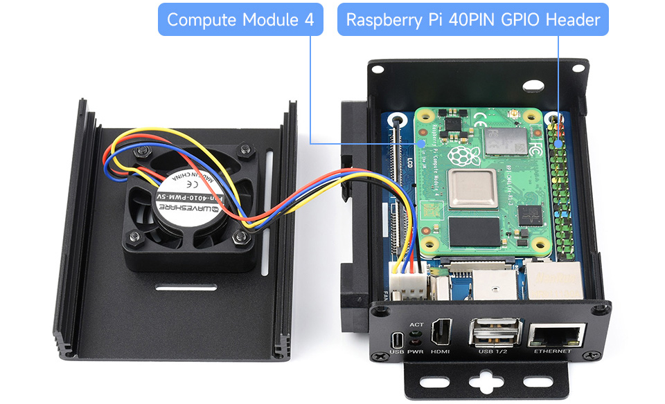 Mini Placa Base Waveshare (C) para Raspberry Pi CM 4 c/ Carcasa + Ventilador (EE.UU.)