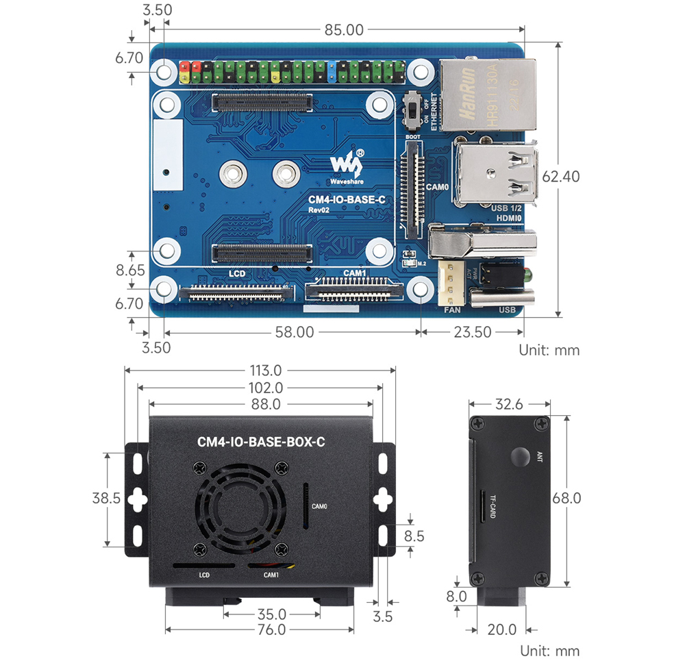 Mini carte de base Waveshare (C) pour Raspberry Pi CM 4 avec boîtier + ventilateur (US)