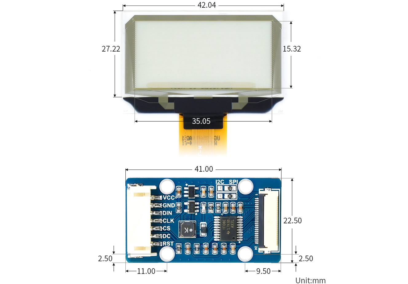 Waveshare 1,51 Zoll Transparentes OLED, 128x64, SPI/I2C, Hellblaues Display