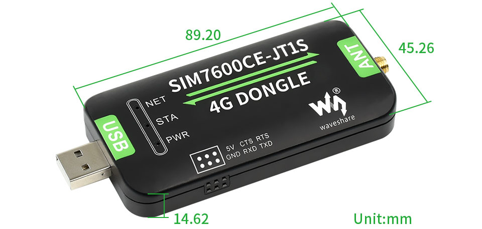 Dongle 4G SIM7600CE-JT1S c/ Antena de Grado Industrial Waveshare para China