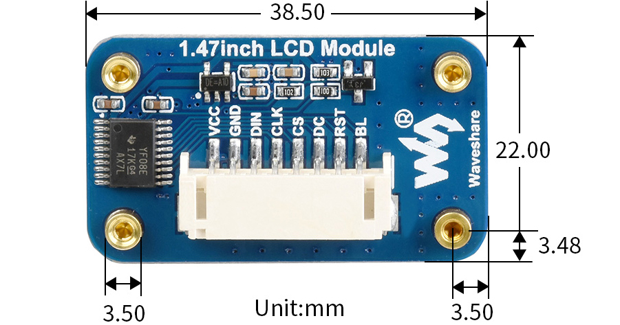 Module d'affichage LCD Waveshare 1,47 pouces, coins arrondis, 172x320, interface SPI