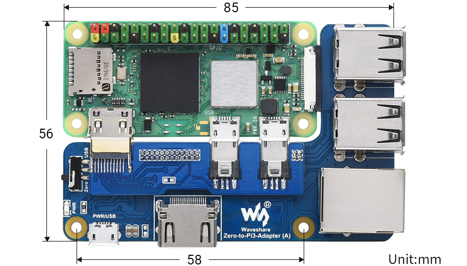 Waveshare Raspberry Pi Zero naar 3B Adapter, Oplossing voor RPi 3 Model B/B+
