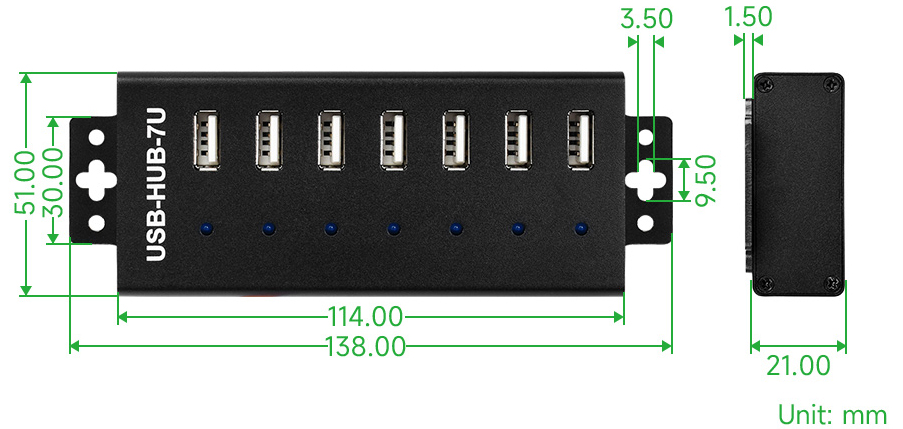 HUB USB de Grado Industrial, 7 puertos USB 2.0 de Waveshare (Enchufe de la UE)