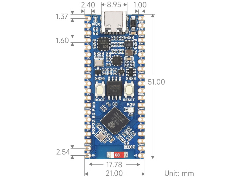 Placa de Desarrollo ESP32-S3, Wi-Fi de 2,4 GHz, Dual-Core, 240MHz Waveshare c/ Pinheader
