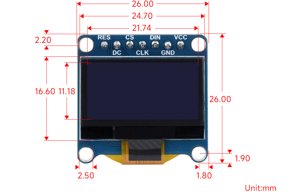 Waveshare 0.96 Zoll OLED Display Modul, 128x64 Auflösung, SPI/I2C E (Blau)