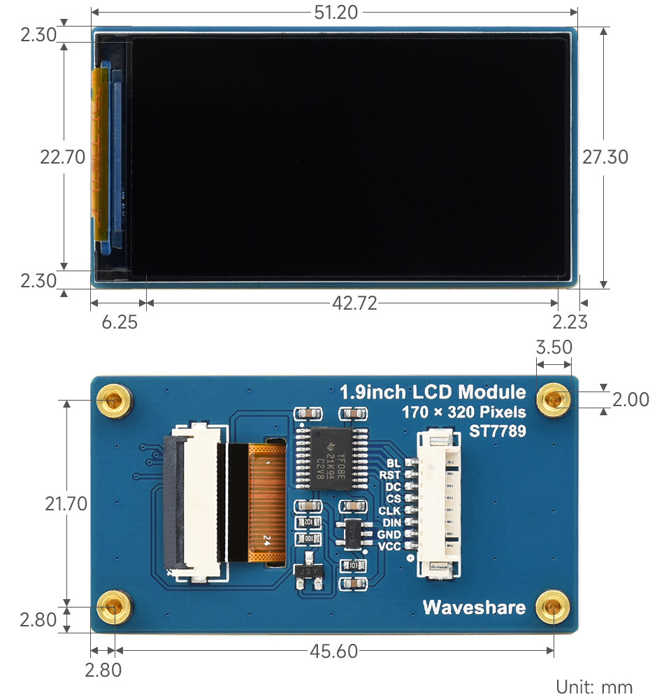 Waveshare 1,9-inch LCD-displaymodule, 170x320 Px, SPI-interface, IPS, 262K kleuren