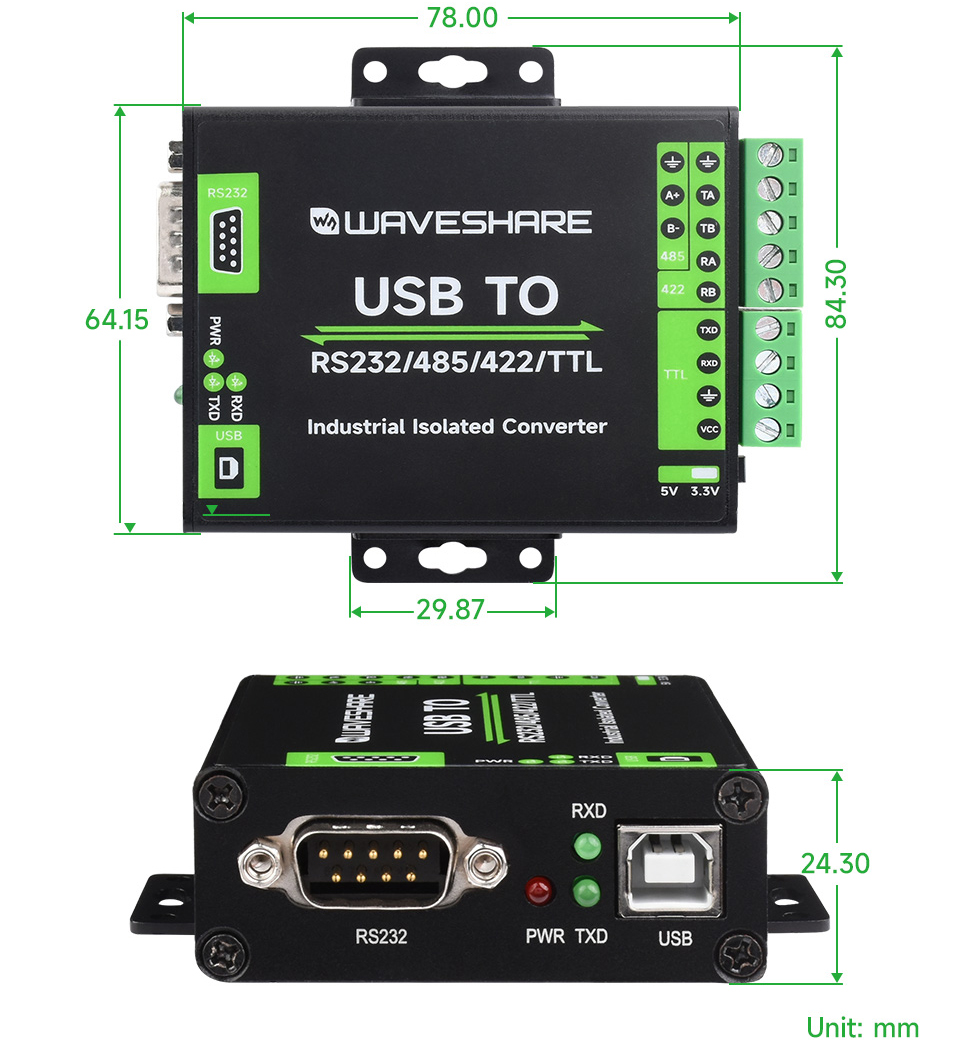Convertisseur multi-bus isolé industriel Communication USB/RS232/RS485/TTL  - RobotShop