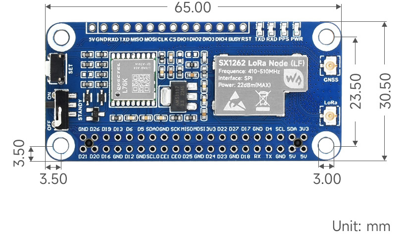 Waveshare SX1262 LoRaWAN Node Expansion Board for RPi, CB Antenna, 433/470Mhz