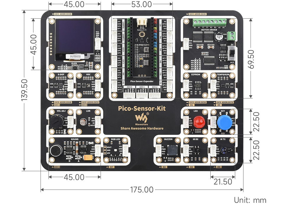 Kit de Sensor de Nivel de Entrada RPi Pico c/ 15 Módulos y Placa de Expansión Pico H