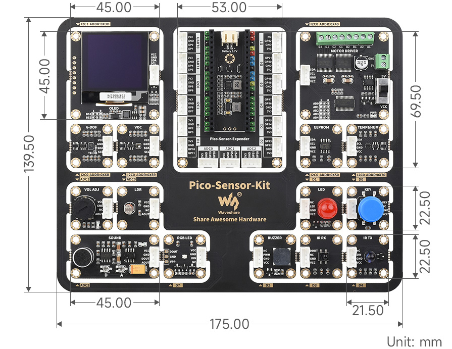 Kit de Sensor de Nivel de Entrada Waveshare para RPi Pico c/ 15 Módulos (Solo Kit de Sensor)