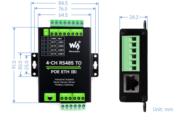 Servidor Serial Ethernet Waveshare de 4 Canales RS485 a RJ45 c/ Puerto Ethernet PoE