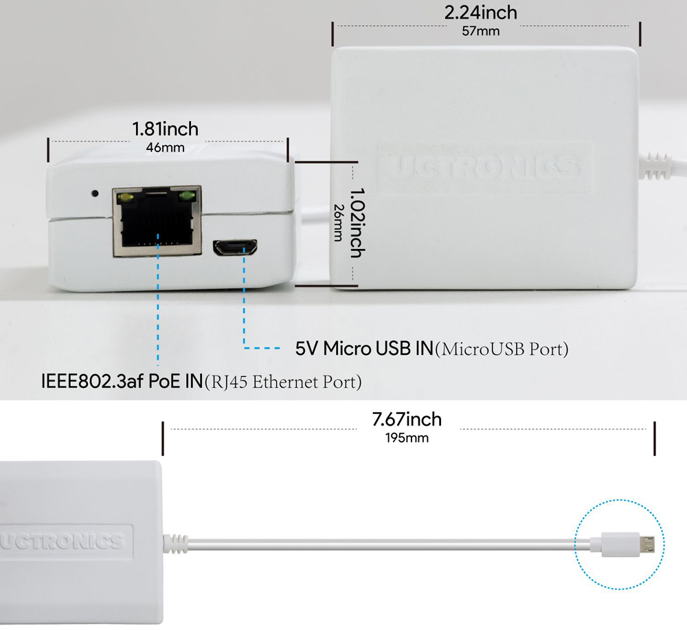 Adaptador PoE a Micro USB UCTRONICS (Ethernet+Alimentación) - Haga Clic para Ampliar