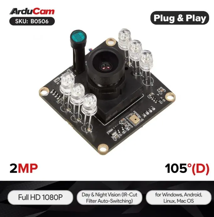 Arducam 1080P Day/Night Vision USB Camera, 2MP Infrared Webcam - Parts cropped