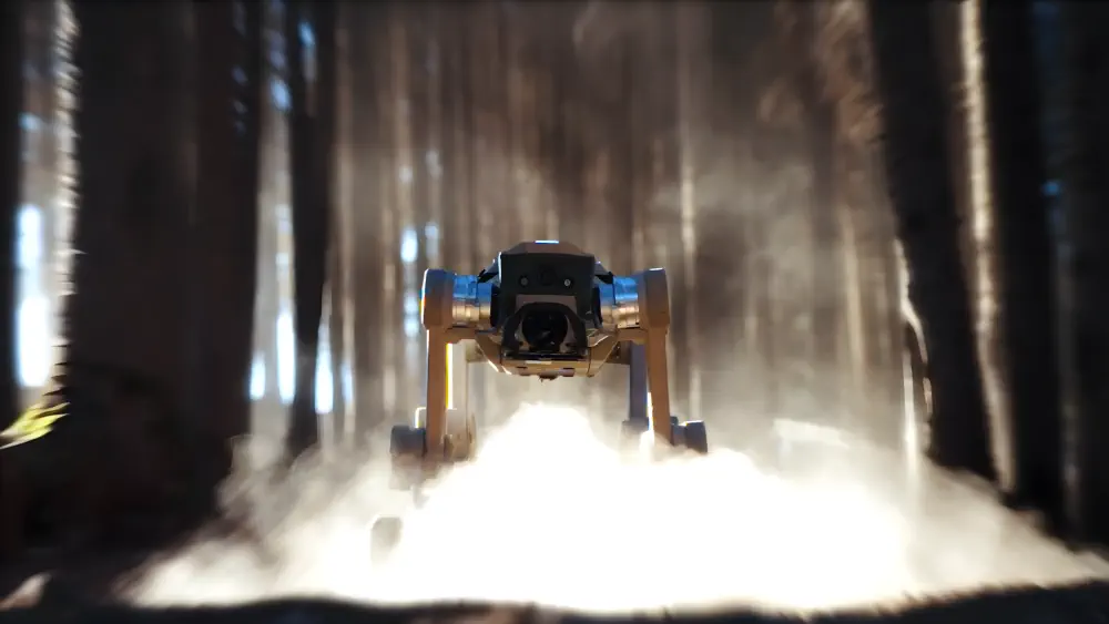 Agibot D1 Max traversant un terrain forestier extérieur