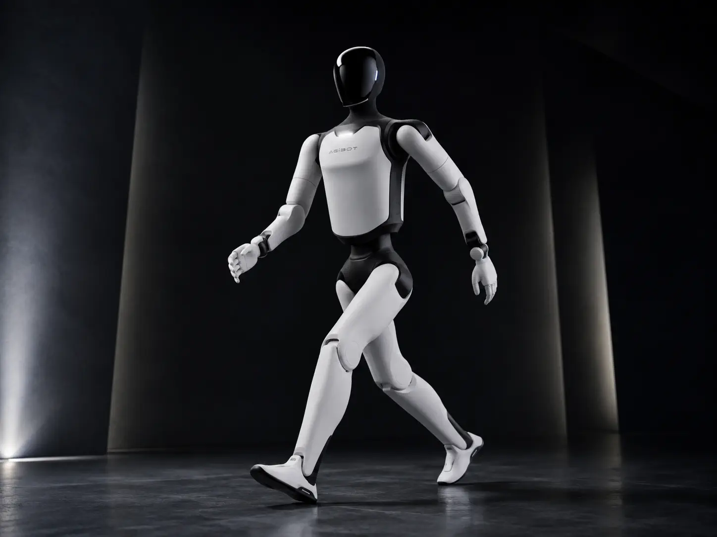 AGIBOT A3 humanoid robot side profile mid walking stride