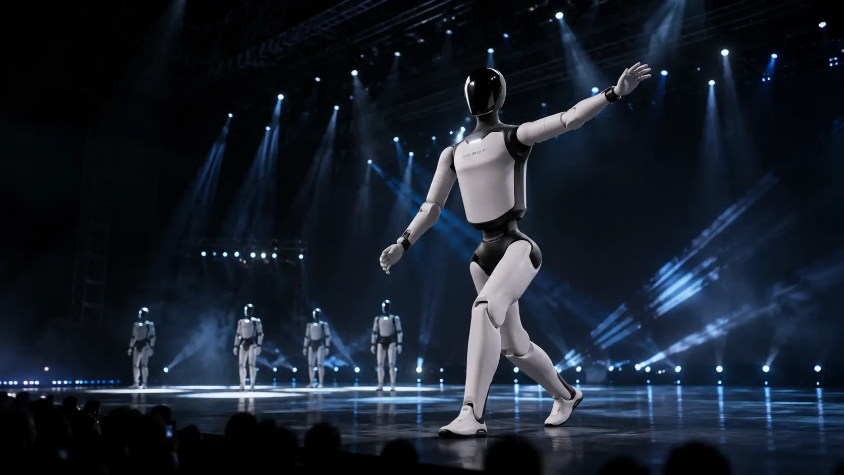 AGIBOT A3 humanoid robot performing on a lit event stage