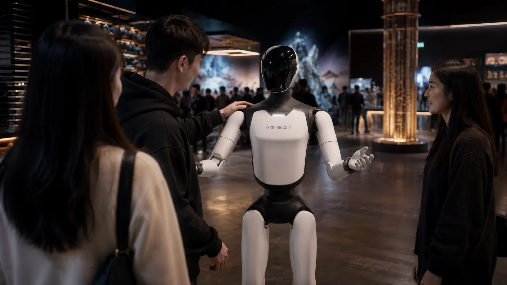 AGIBOT A3 humanoid robot engaging guests at an entertainment venue