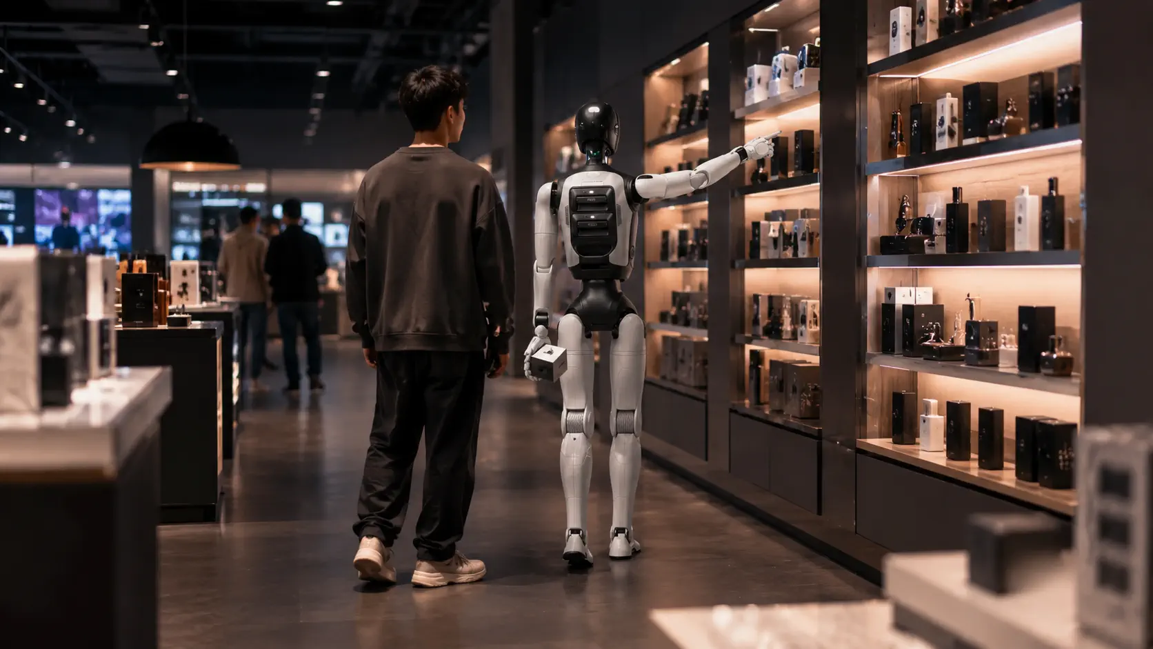 AGIBOT A3 Ultra assistant à l'intérieur d'une allée de magasin de détail lumineuse