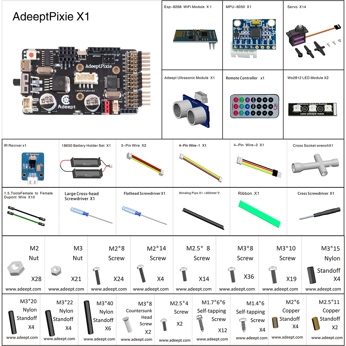 Adeept Quadruped Spider Robot Kit with Pixie X1 Microcontroller - Click to Enlarge