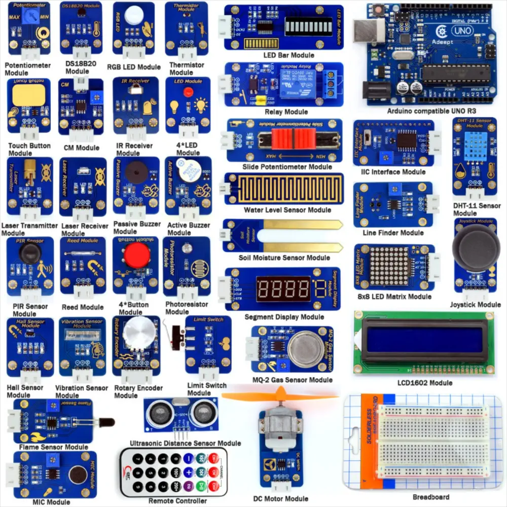 Kit de Sensores Avanzado con 42 Módulos y Uno R3 de Adeept - Haga Clic para Ampliar