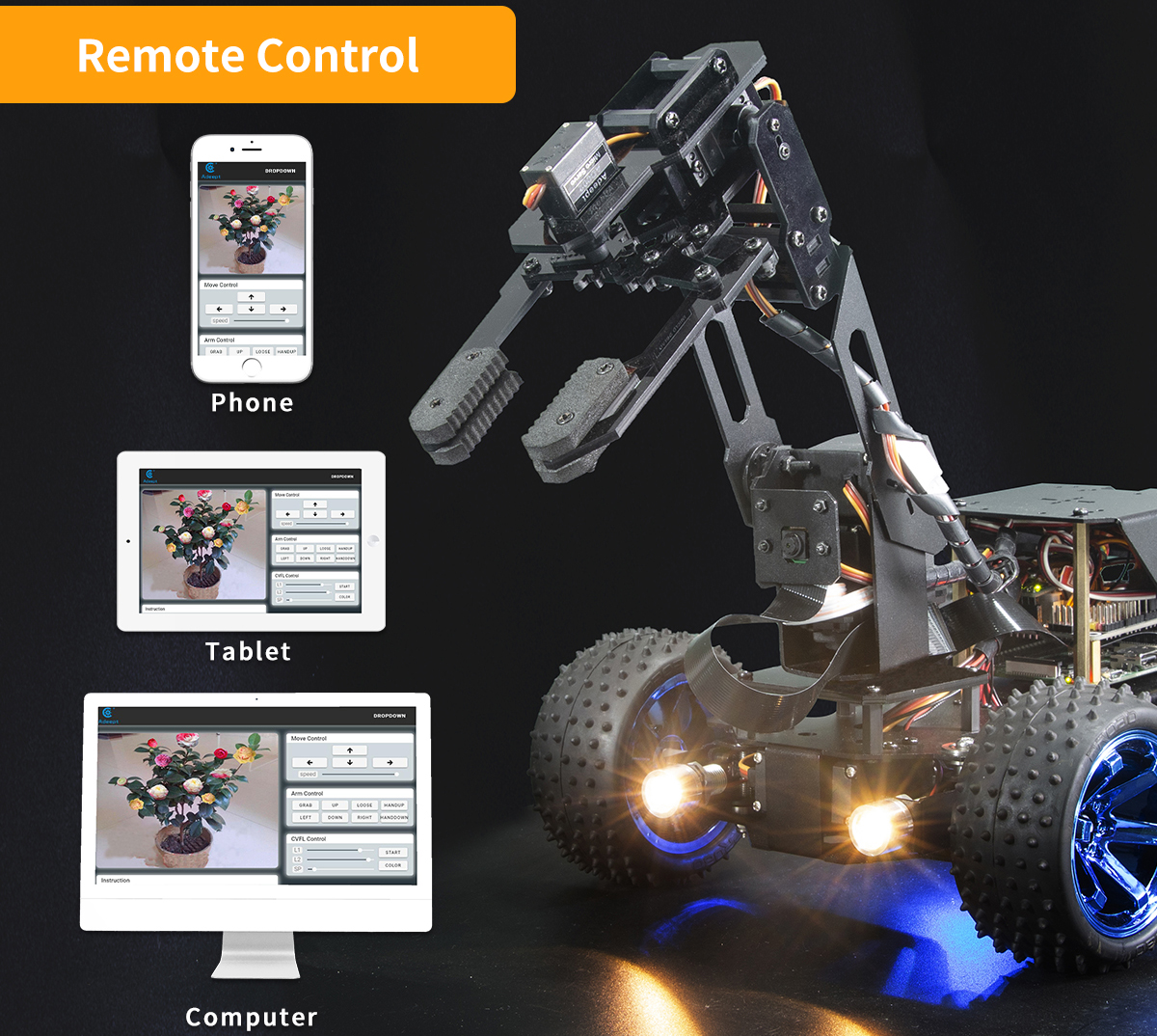 Adeept PiCar 4WD Pro Smart Robot Car 2-in-1 Kit w/ 4-DoF Robotic Arm - Click to Enlarge