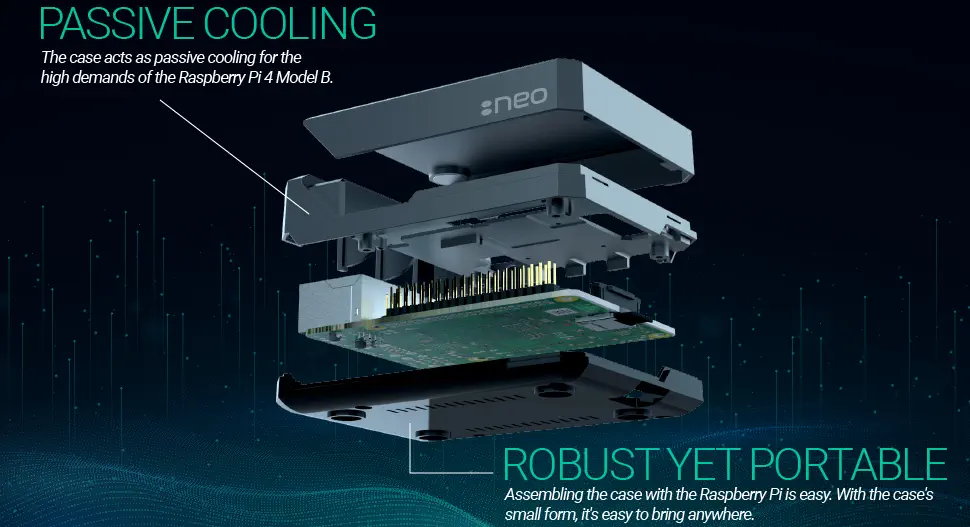 Boîtier du dissipateur thermique Argon NEO Raspberry Pi 4B, prend en charge le ventilateur, la caméra et l'écran LCD - Cliquez pour agrandir