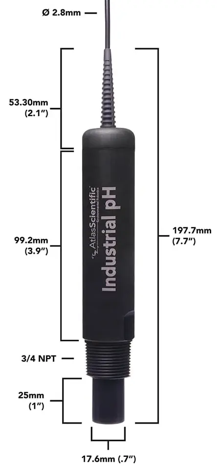 Industrial pH Probe - No Temp - 3 Meters - Dimensions