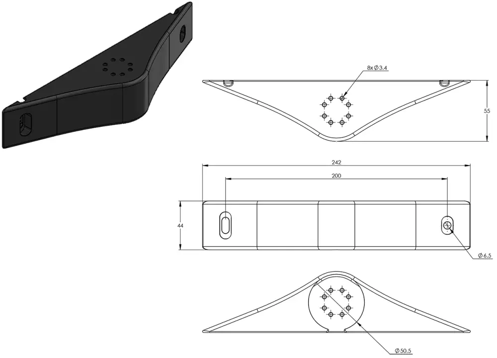 Support du Kit d'Intégration Ping2 pour BlueBoat - Dimensions recadrées