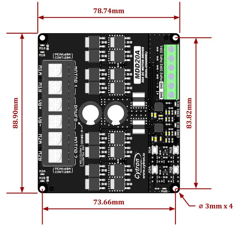 Controlador Dual de Motor DC 20A 6V-30V de Cytron - Haga Clic para Ampliar