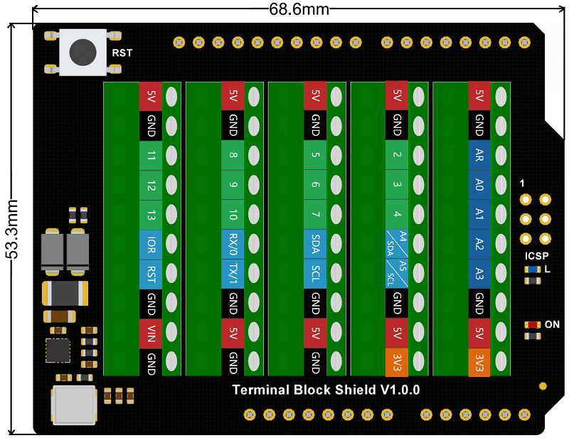 Terminal Block Shield for Arduino - Click to Enlarge