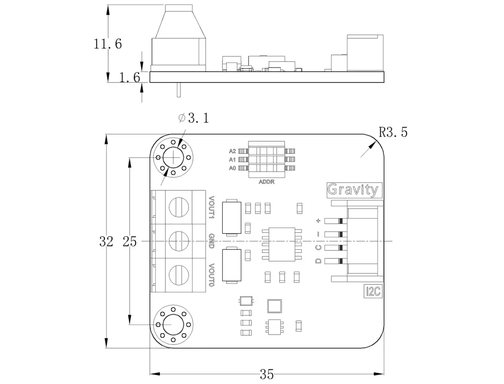 Gravity: GP8413 2-Kanal 15-Bit I2C zu 0-5V/10V DAC-Modul